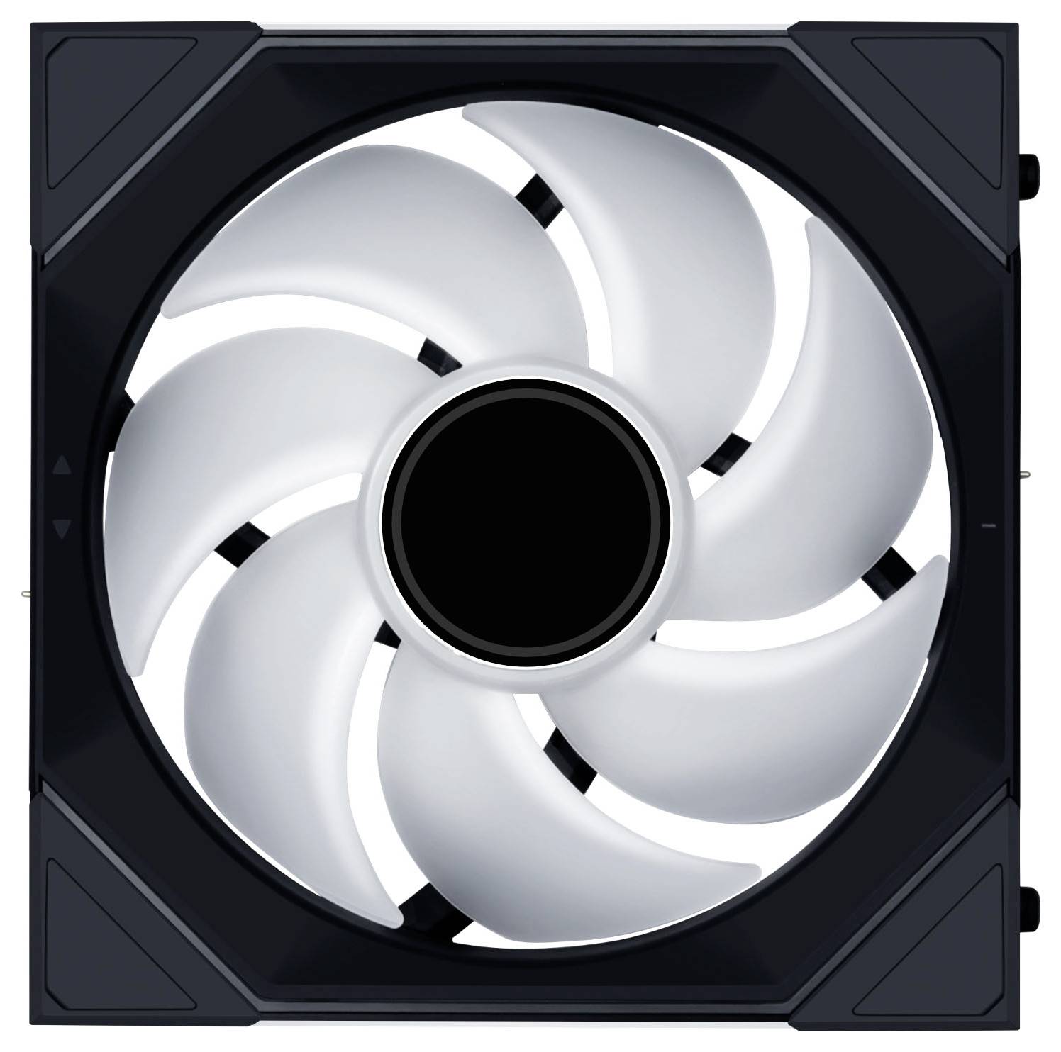 Ein schwarz-weißer Computerlüfter mit einer zentralen schwarzen Nabe und gebogenen weißen Blättern, entwickelt zur Kühlung von elektronischen Komponenten.