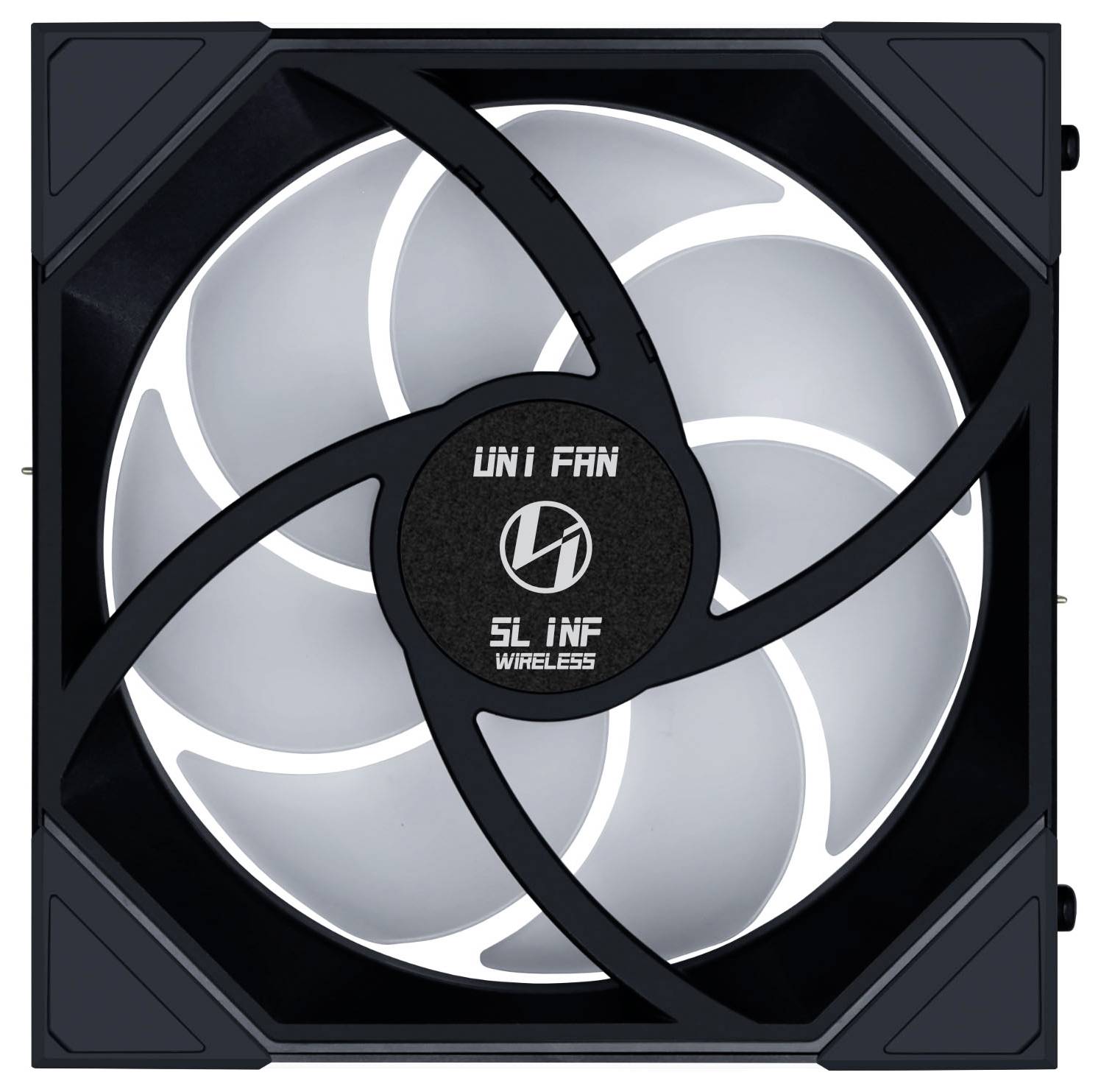 Ein schwarzer Computer-Kühlerlüfter mit fünf gekrümmten Blättern, mit dem Text „UNI FAN SL INF WIRELESS