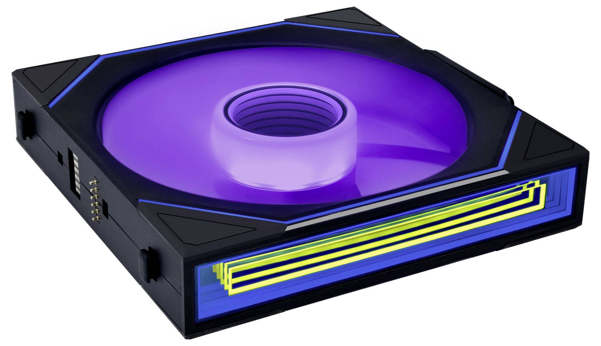 Ein futuristischer violetter und schwarzer Computer-Kühlüfter mit einem zentralen Wirbeldesign und blau leuchtenden Kanten, die Technologie-Ästhetik betonend.