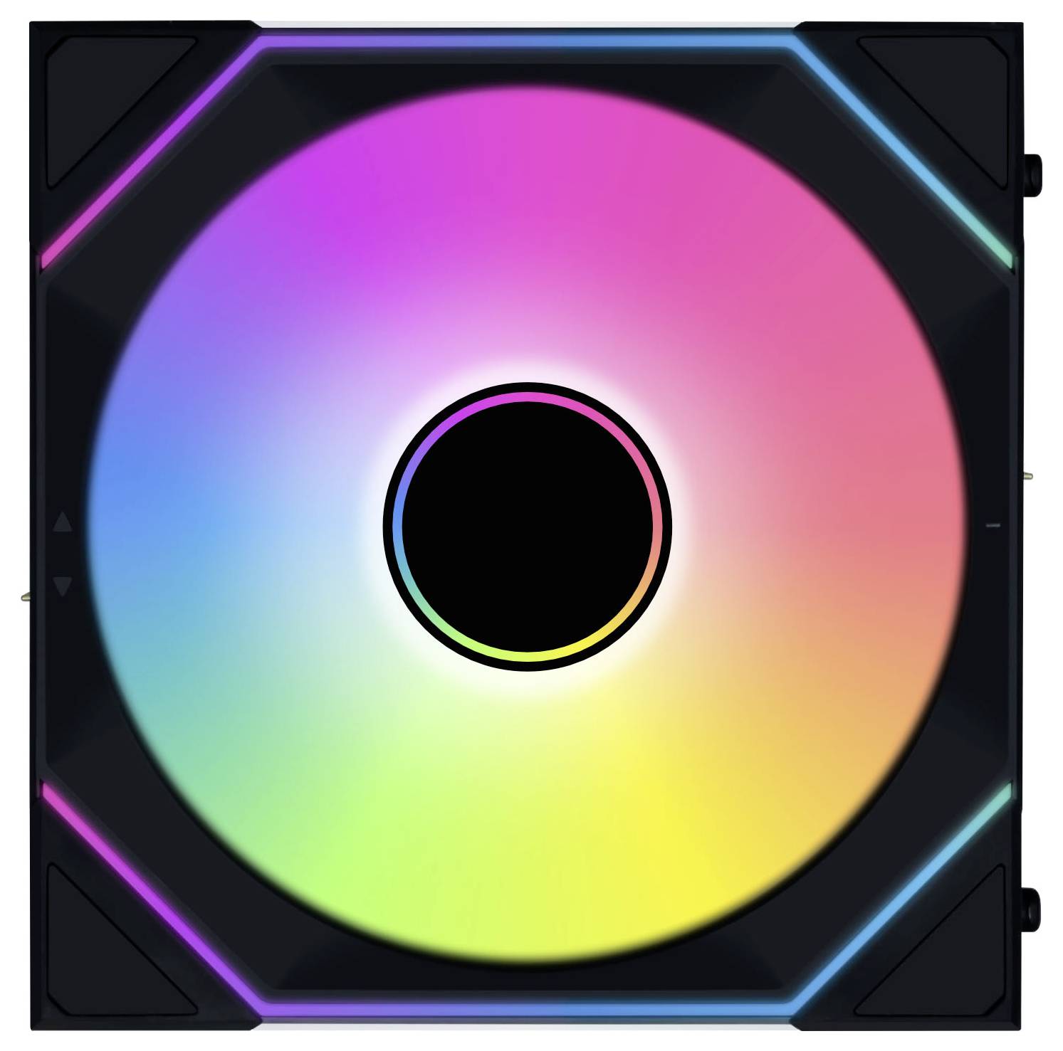 Ein Computerlüfter mit lebhaften, regenbogenfarbenen LED-Leuchten, die kreisförmig um die Lüfterblätter angeordnet sind.