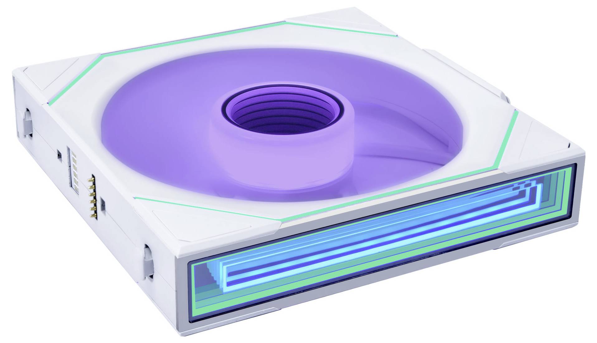 Ein futuristischer, quadratischer Kühlventilator mit violettem Mittelpunkt und leuchtenden blauen Akzenten, entwickelt für fortschrittliche PC-Setups.