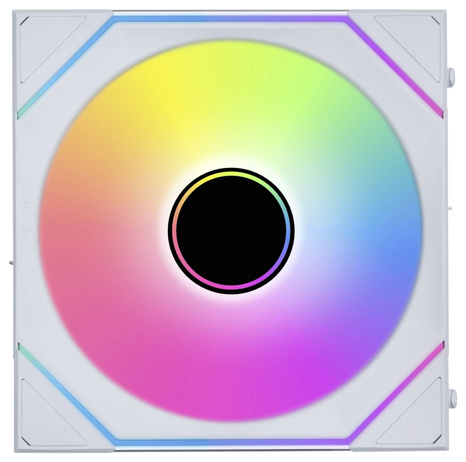 Ein Computerlüfter mit einem Farbspektrum in einem kreisförmigen Muster, das RGB-Beleuchtungsfunktionalität anzeigt.