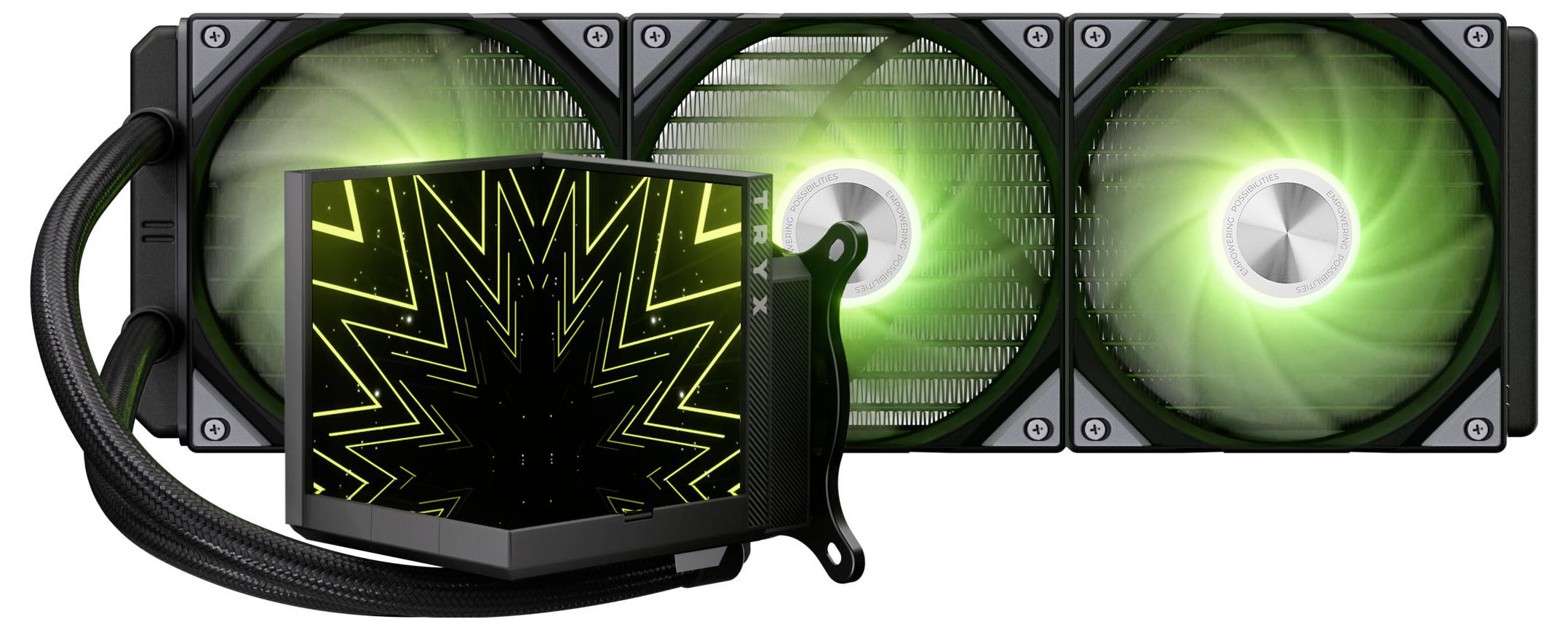 Ein Flüssigkühlsystem für die CPU mit einem Block, der ein grünes Sternmuster aufweist, und das mit einem Radiator mit drei beleuchteten Lüftern verbunden ist.