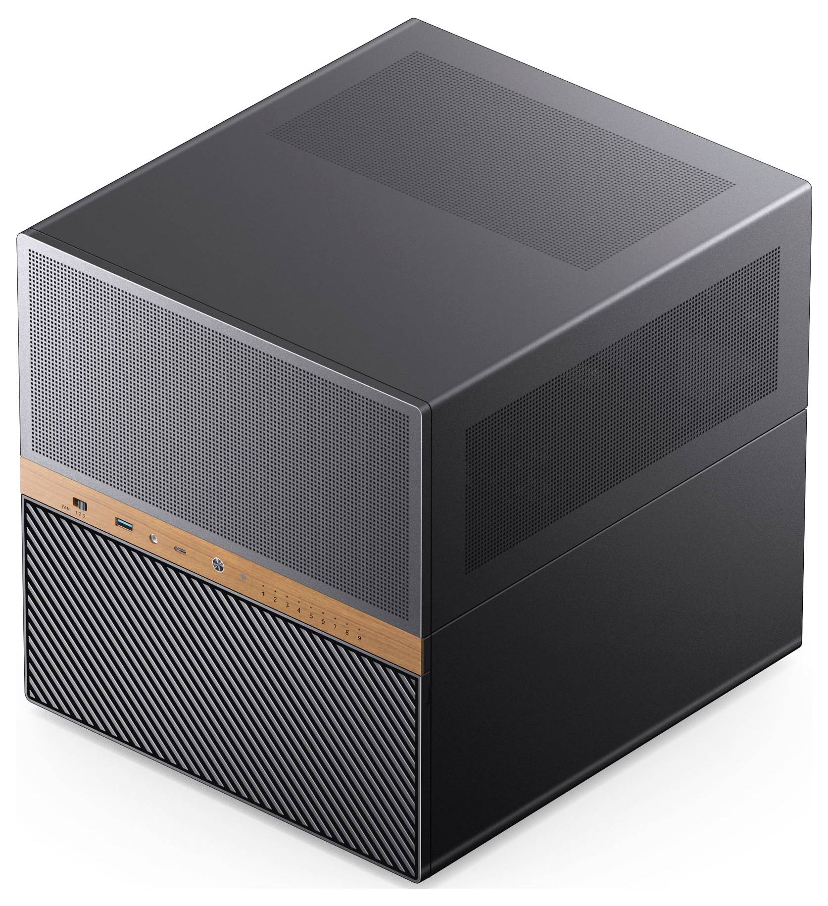 Ein modernes, elegantes elektronisches Gerät in Schwarz und Grau mit kubischem Design, mit belüfteten Paneelen und einer Holzakzentleiste, die Funktionalität und Stil suggeriert.