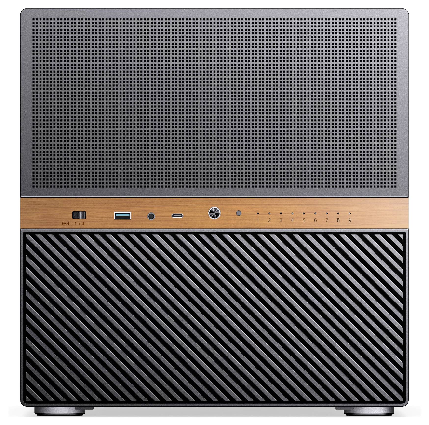 Ein moderner, rechteckiger Lautsprecher mit Holzakzent, digitales Display und Steuerungstasten. Das Design kombiniert Metall- und Holztexturen.