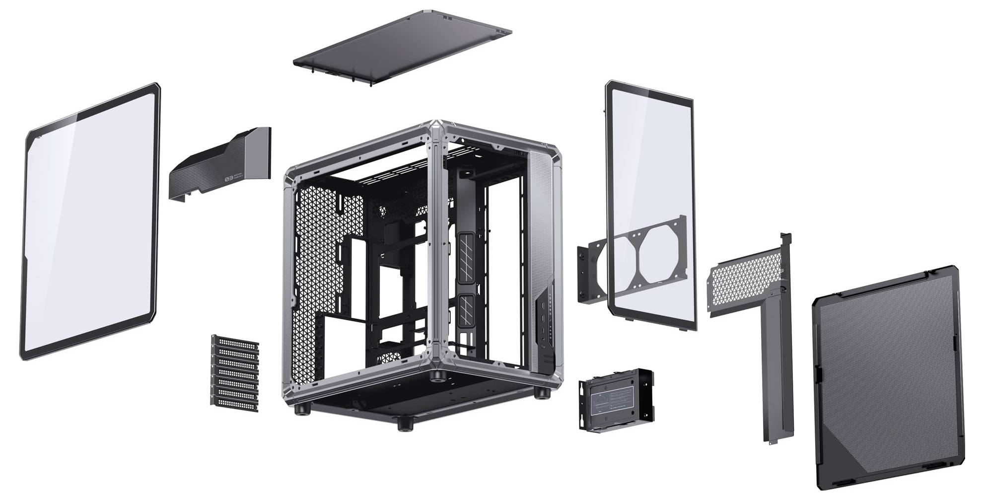 Explodierte Ansicht eines Computergehäuses mit abnehmbaren Paneelen, Rahmen, Lüfterbefestigungen und Komponenten in zerlegter Anordnung.