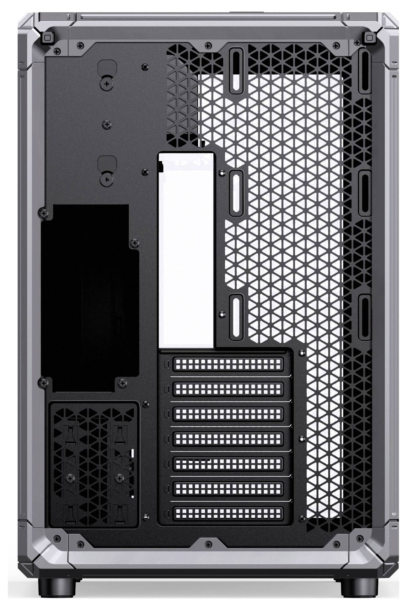 Das Bild zeigt die Rückseite eines Computergehäuses mit mehreren Erweiterungssteckplätzen, Lüftungsflächen und Steckplätzen für Komponenten und Kühlsysteme.