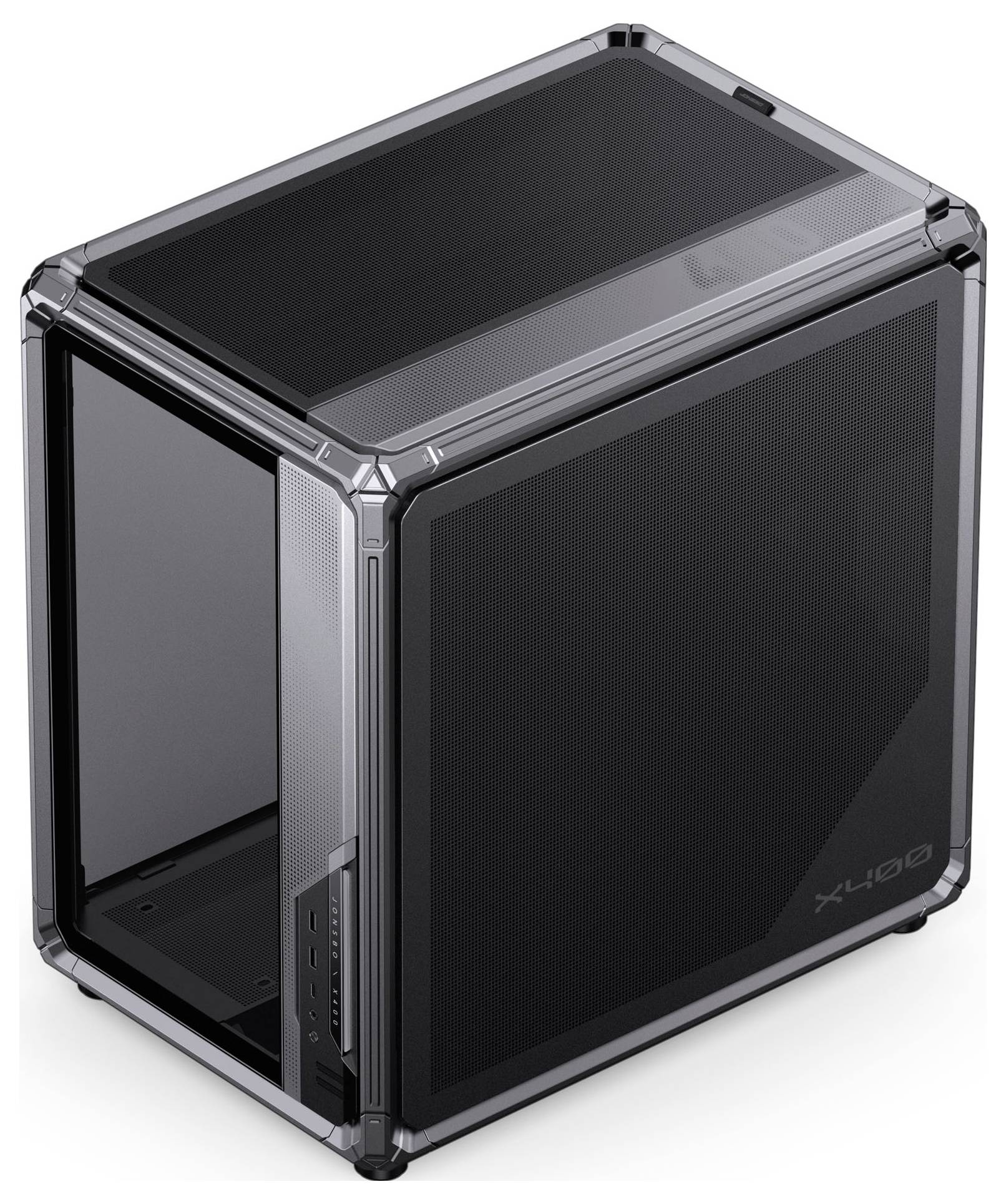 Ein eleganter Gaming-PC mit transparentem Gehäuse zeigt die internen Komponenten. Orange LED-Lüfter beleuchten das Innere und heben die Hardware hervor.