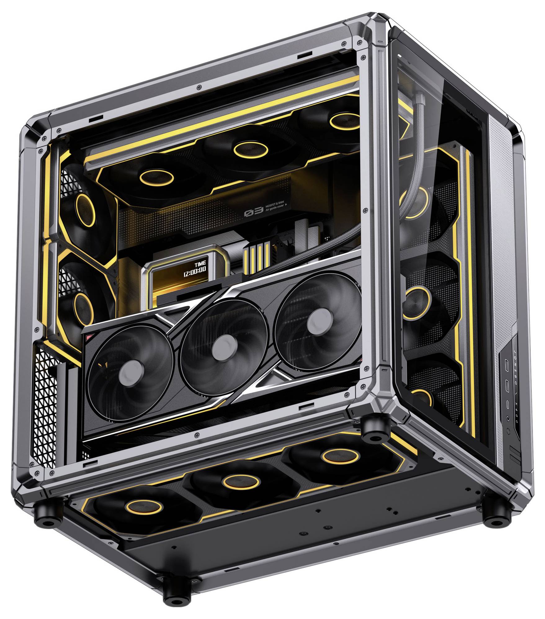 Ein High-End-Gaming-PC-Tower mit transparenten Seitenpaneelen, der mehrere Kühlventilatoren mit gelben Akzenten und fortschrittliche Hardwarekomponenten zeigt.