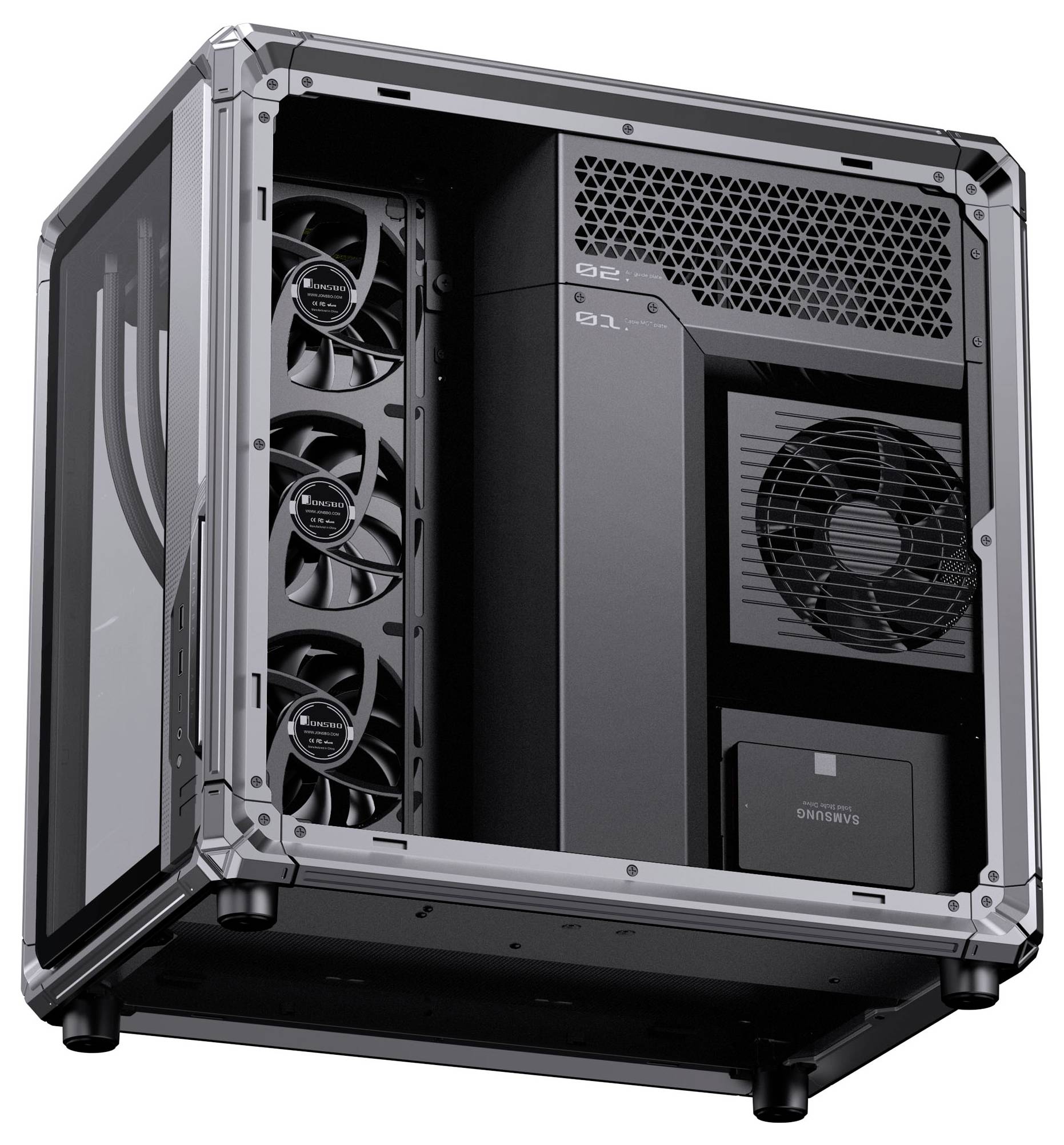 Ein schlankes, offenes Computergehäuse mit mehreren Kühlventilatoren und belüfteten Paneelen, das hochwertige Komponenten und Lüftungsdesign zur Schau stellt.