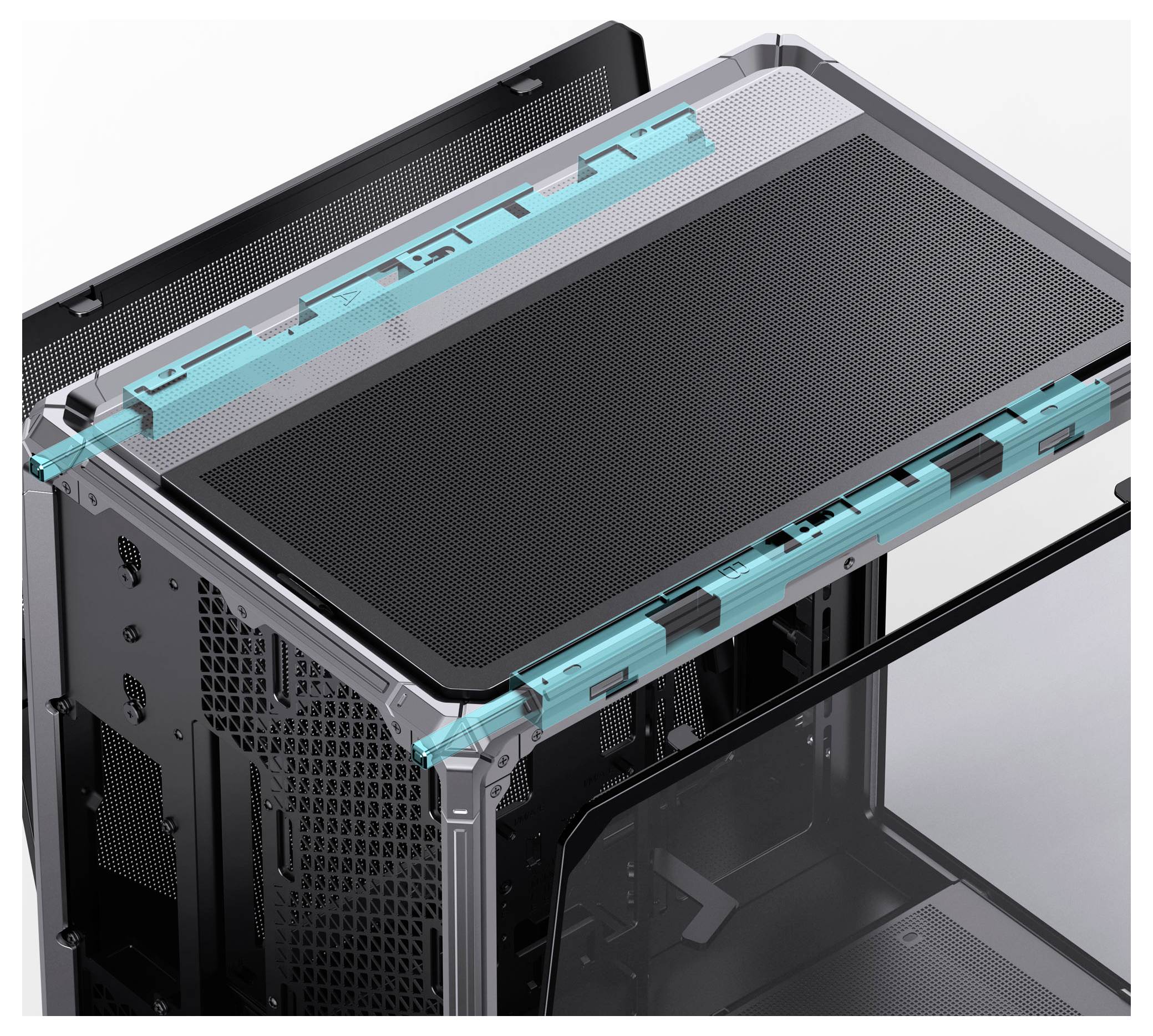 Ein Computergehäuse mit abnehmbarem Oberteil, das das Innere zur einfachen Zugänglichkeit der Komponenten freilegt. Blaue Hervorhebungen kennzeichnen modulare Funktionen.