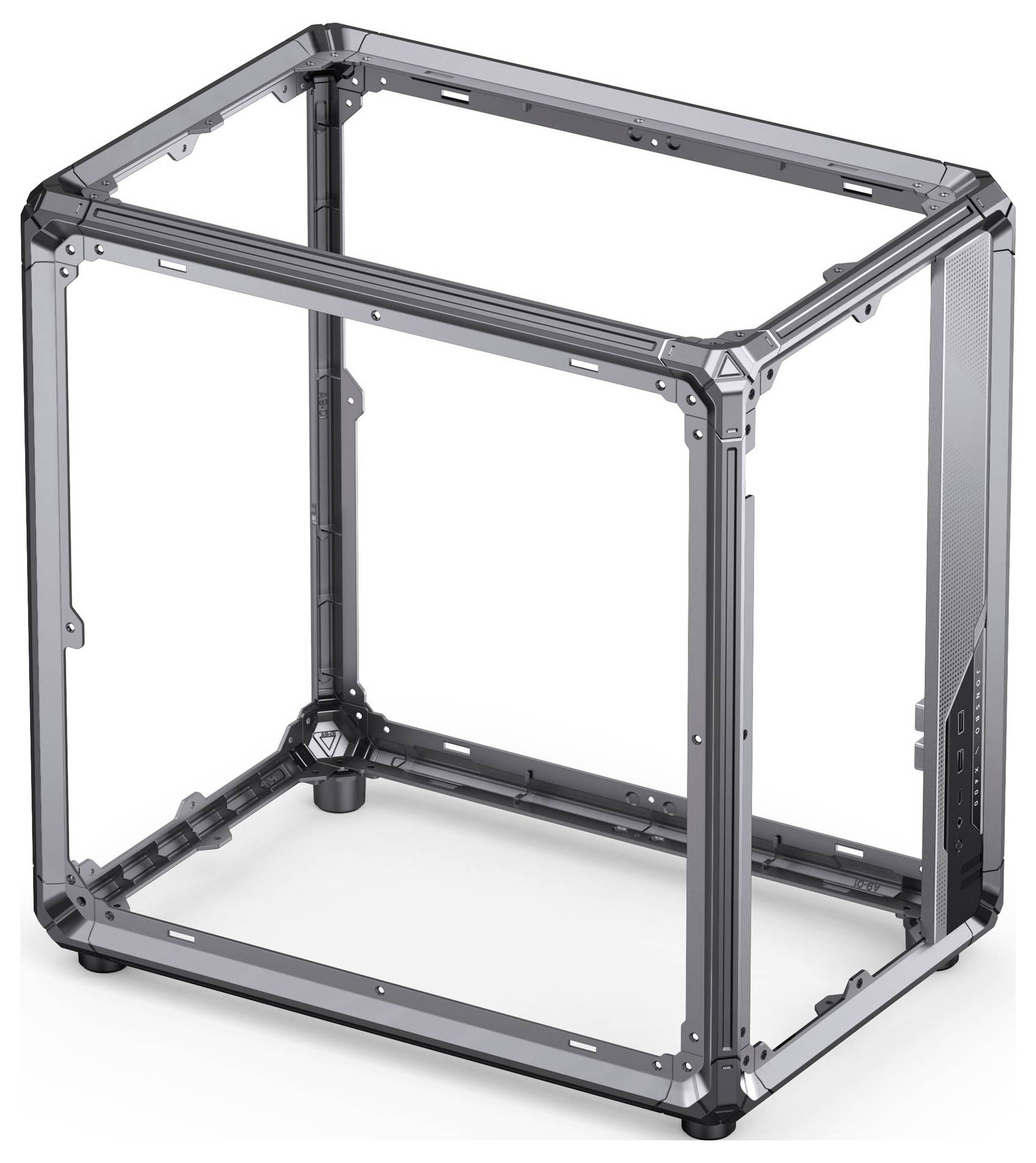 Offener Computergehäuse mit minimalistischem, metallischem Design, der langlebige Konstruktion und modulare Kompatibilität für Tech-Builds präsentiert.