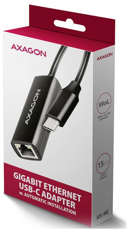 AXAGON Gigabit-Ethernet-USB-C-Adapter im Einzelhandelkarton mit USB-C-zu-RJ45-Adapter mit 15-cm-Kabel und WOL-Unterstützung.