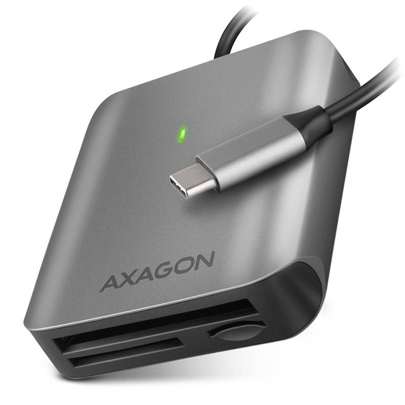 AXAGON USB-C-Externe Speichergerät mit angeschlossenem USB-C-Kabel und grüner Statusleuchte auf einem grauen Gehäuse.