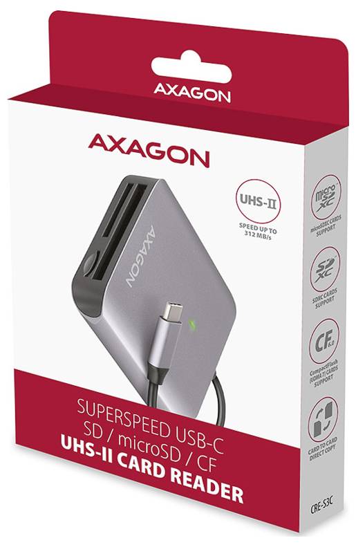 Grauer AXXAGON USB-C-Adapter/Hub mit grünem Indikatorlicht und sichtbarem USB-C-Kabel, das oben angeschlossen ist.