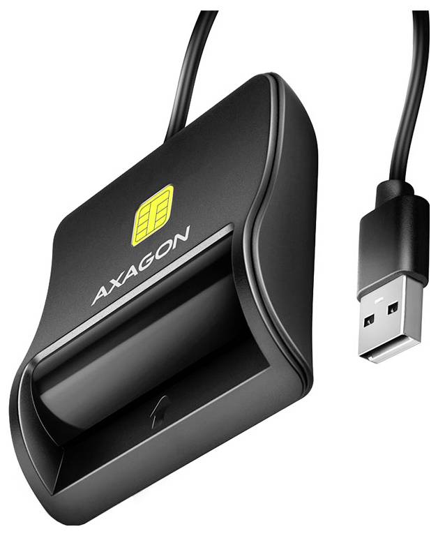 Schwarzer AXAGON USB-Kartenleser mit angebrachtem Kabel und USB-Stecker auf weißem Hintergrund.