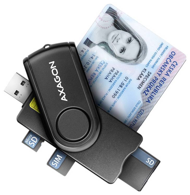 Ein USB-Kartenleser mit SD-, microSD- und SIM-Steckplätzen, abgebildet mit einer Speicherkarte und einem Pass, was auf tragbare Daten- und Dokumentenspeicherung hindeutet.