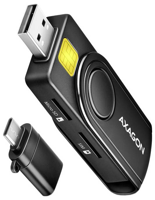 Zwei schwarze Axagon-USB-Sticks mit gelben SIM-Karten-Symbolen, überkreuzt auf weißem Hintergrund dargestellt.