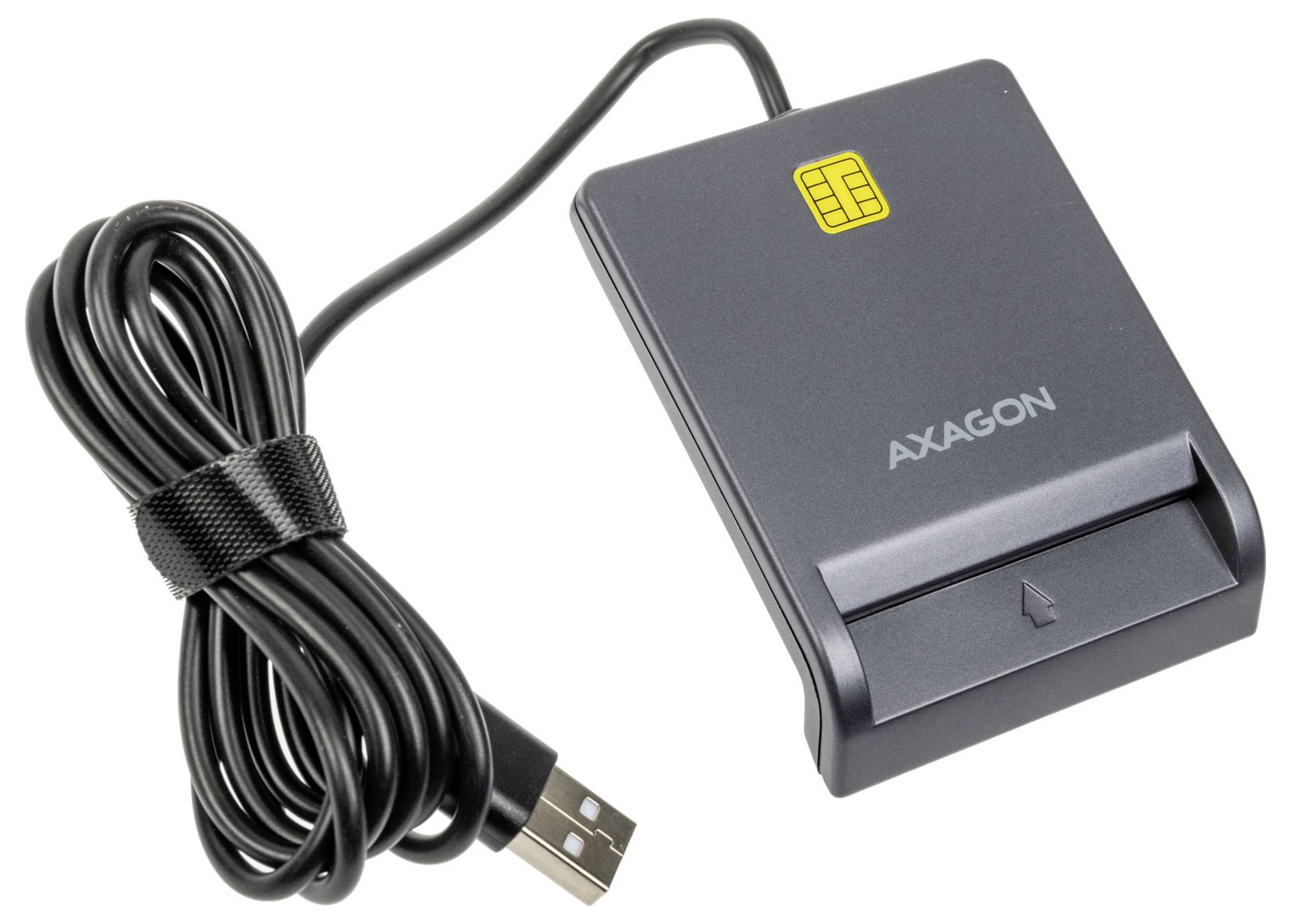 USB-Kartenleser mit angeschlossenem Kabel und SIM-Kartensymbol, Marke AXAGON, auf weißem Hintergrund dargestellt.
