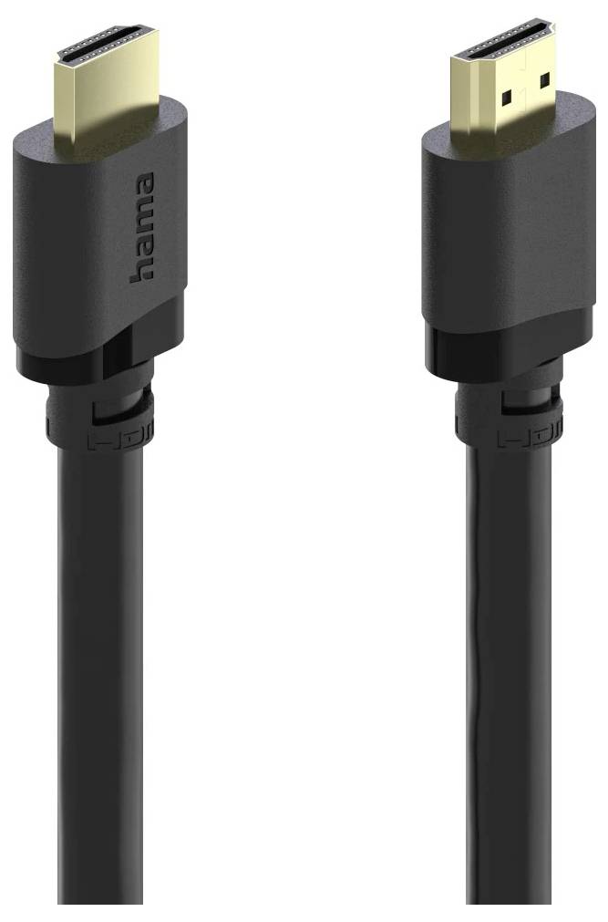 Zwei schwarze Kabel mit vergoldeten HDMI-Steckern, mit der Bezeichnung „hama