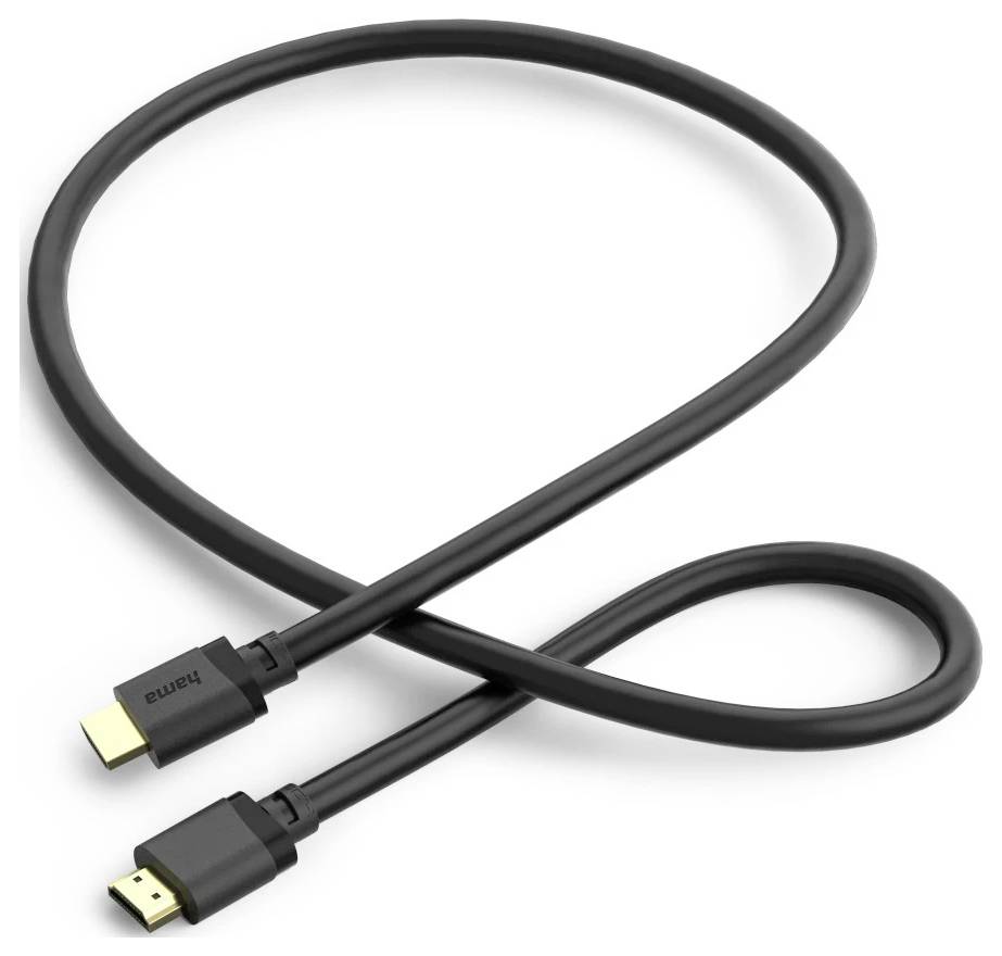 Ein schwarzes HDMI-Kabel mit vergoldeten Anschlüssen, in einer Schleife aufgewickelt, beschriftet mit „HDMI