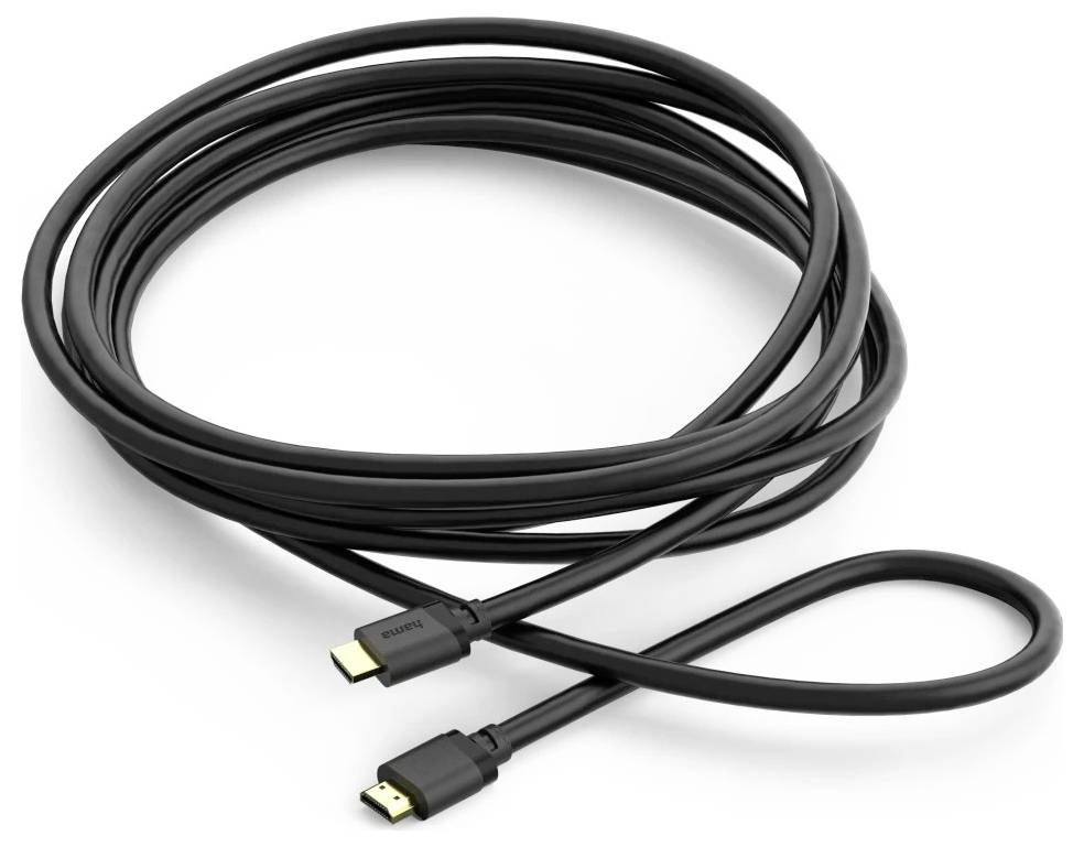 Ein aufgerolltes schwarzes HDMI-Kabel mit Standardanschlüssen an beiden Enden, geeignet für Audio- und Videoübertragung.