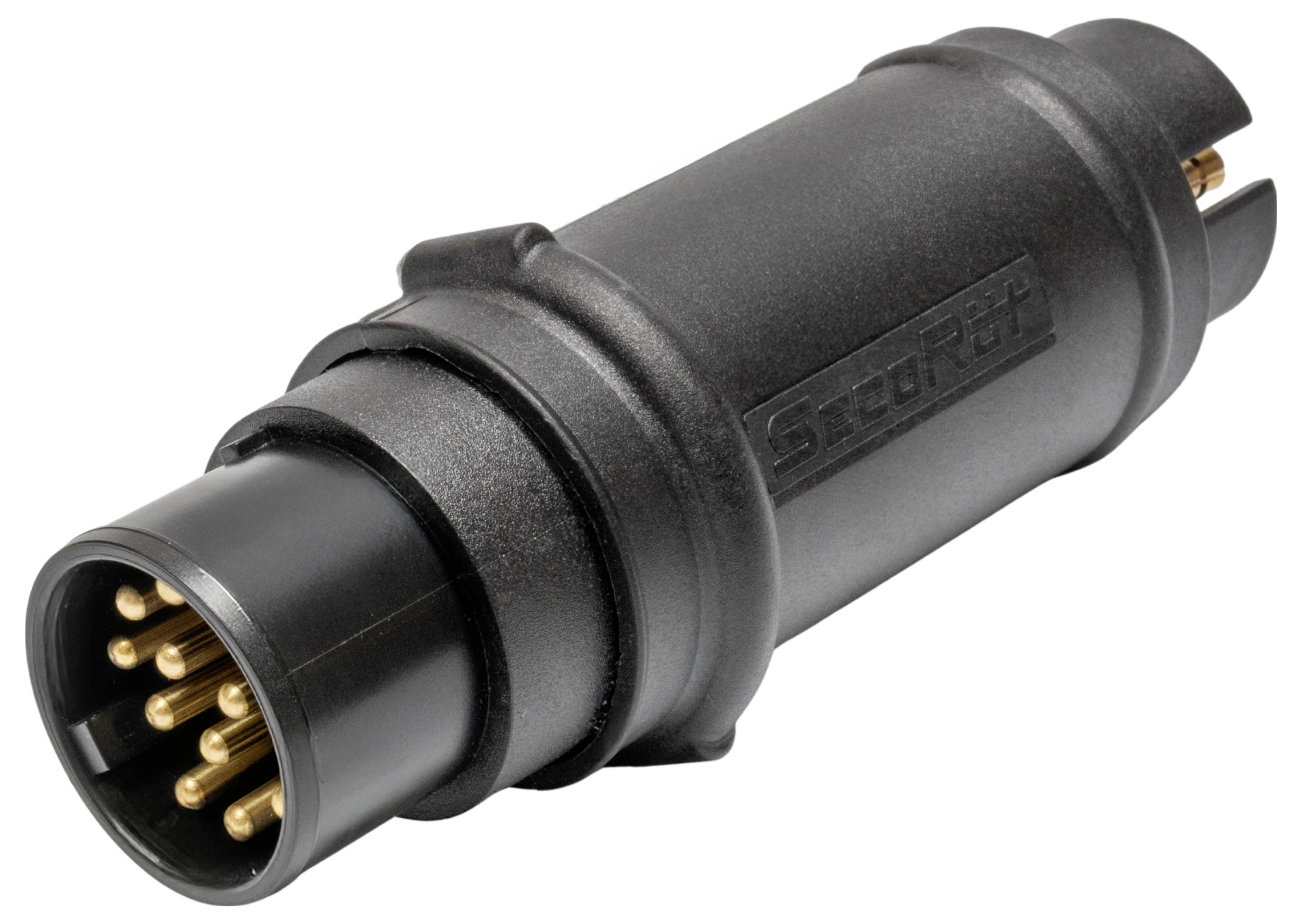 Schwarzer Industrie-Elektrostecker mit mehreren vergoldeten Kontakten, dargestellt auf weißem Hintergrund.