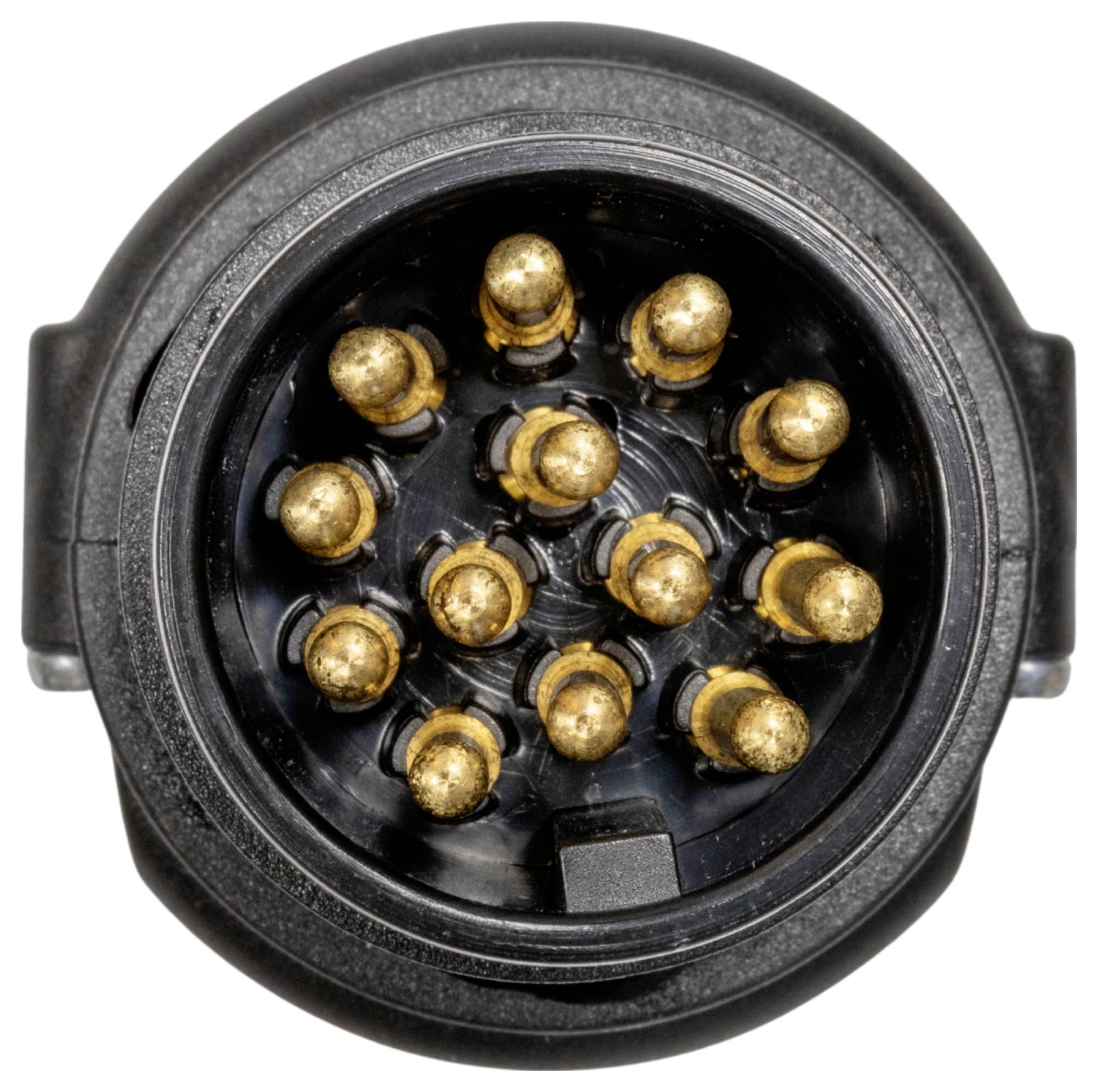 Nahaufnahme eines kreisförmigen schwarzen Elektrosteckers mit mehreren goldfarbenen Pins, die in der Buchse angeordnet sind.
