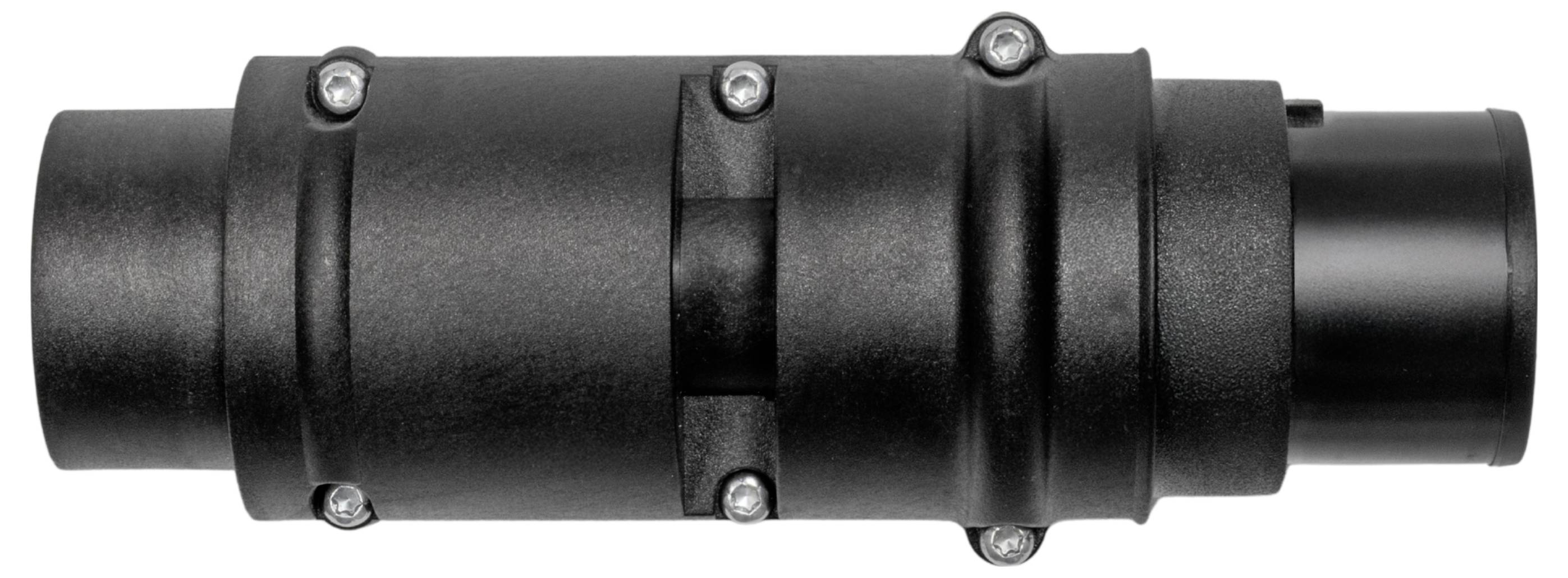 Schwarzer zylindrischer Rohrverbinder mit mehreren silbernen Bolzen, gezeigt auf weißem Hintergrund.