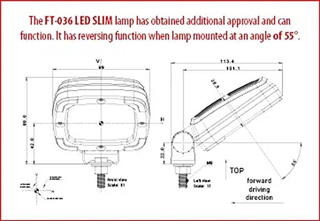 Technische Zeichnung einer FT-036 LED SLIM-Leuchte mit Vorder- und Seitenansicht, Abmessungen und Montagewinkel; Hinweis besagt, dass sie bei 55° Montagewinkel eine Umkehrfunktion hat.