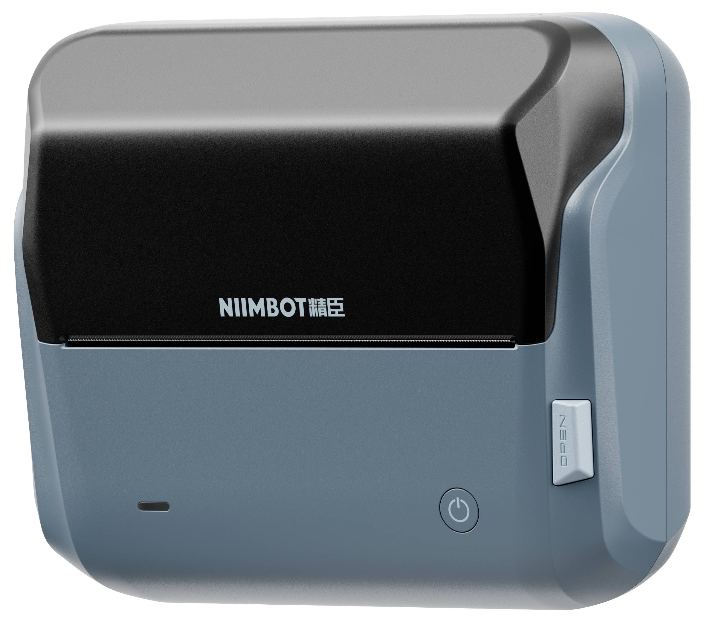 Blauer NIIMBOT-Etikettendrucker mit schwarzem Deckel und Fronteinschalter, in einer produktorientierten Ansicht dargestellt.