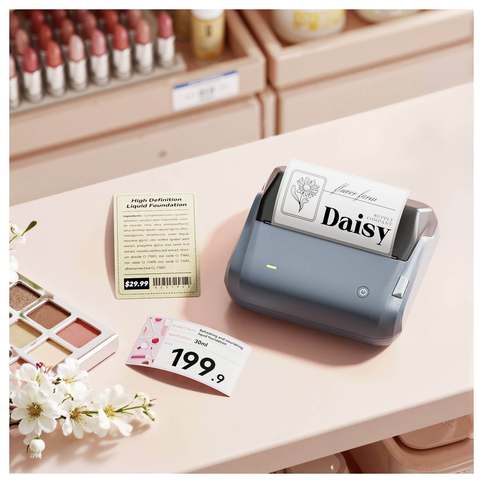 Ein kleiner Etikettendrucker druckt ein Produktetikett „Daisy