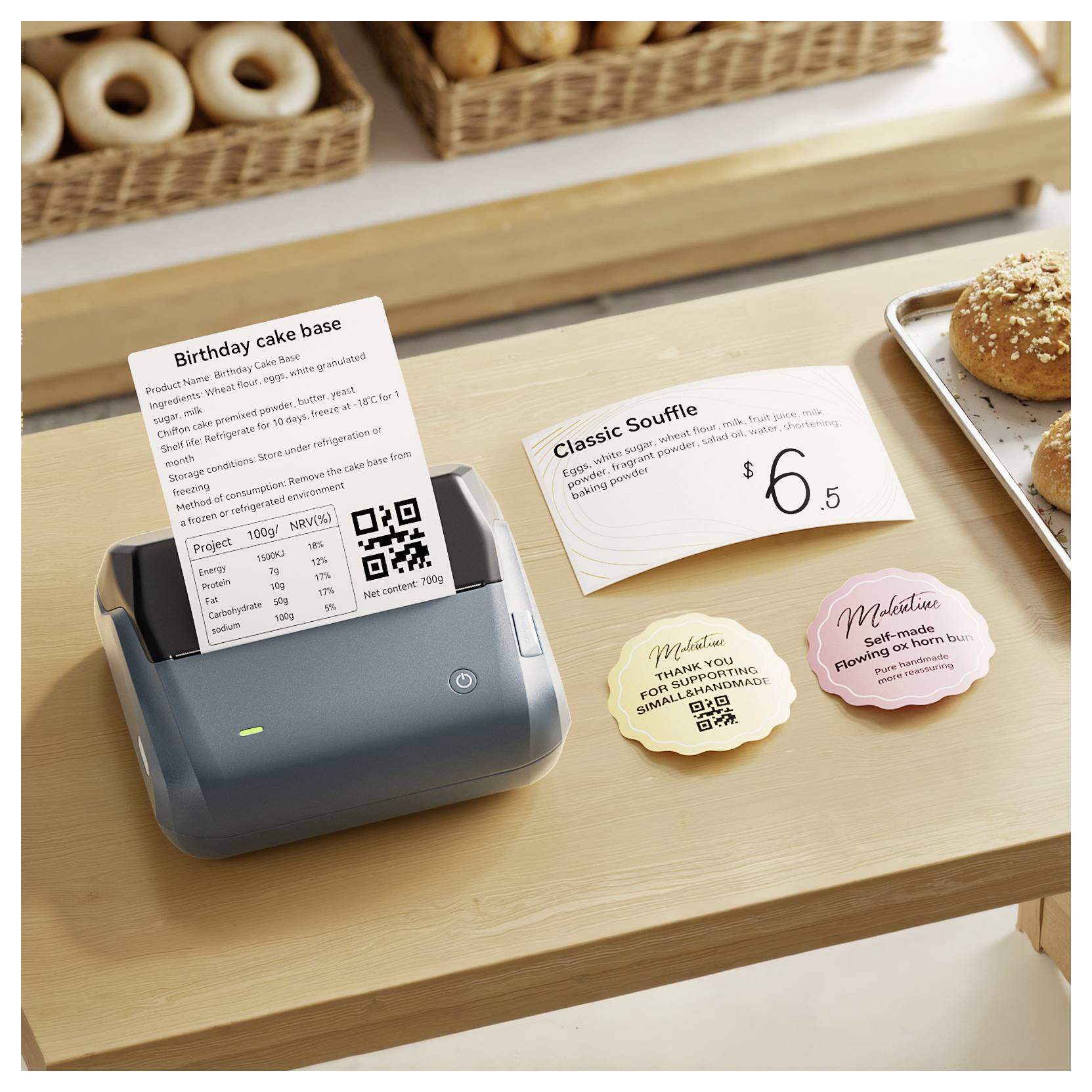 Bäckereitheke mit einem Etikettendrucker, der Preisschilder und QR-Codes für Backwaren druckt, neben Produktkarten mit der Aufschrift „Geburtstagskuchenbasis