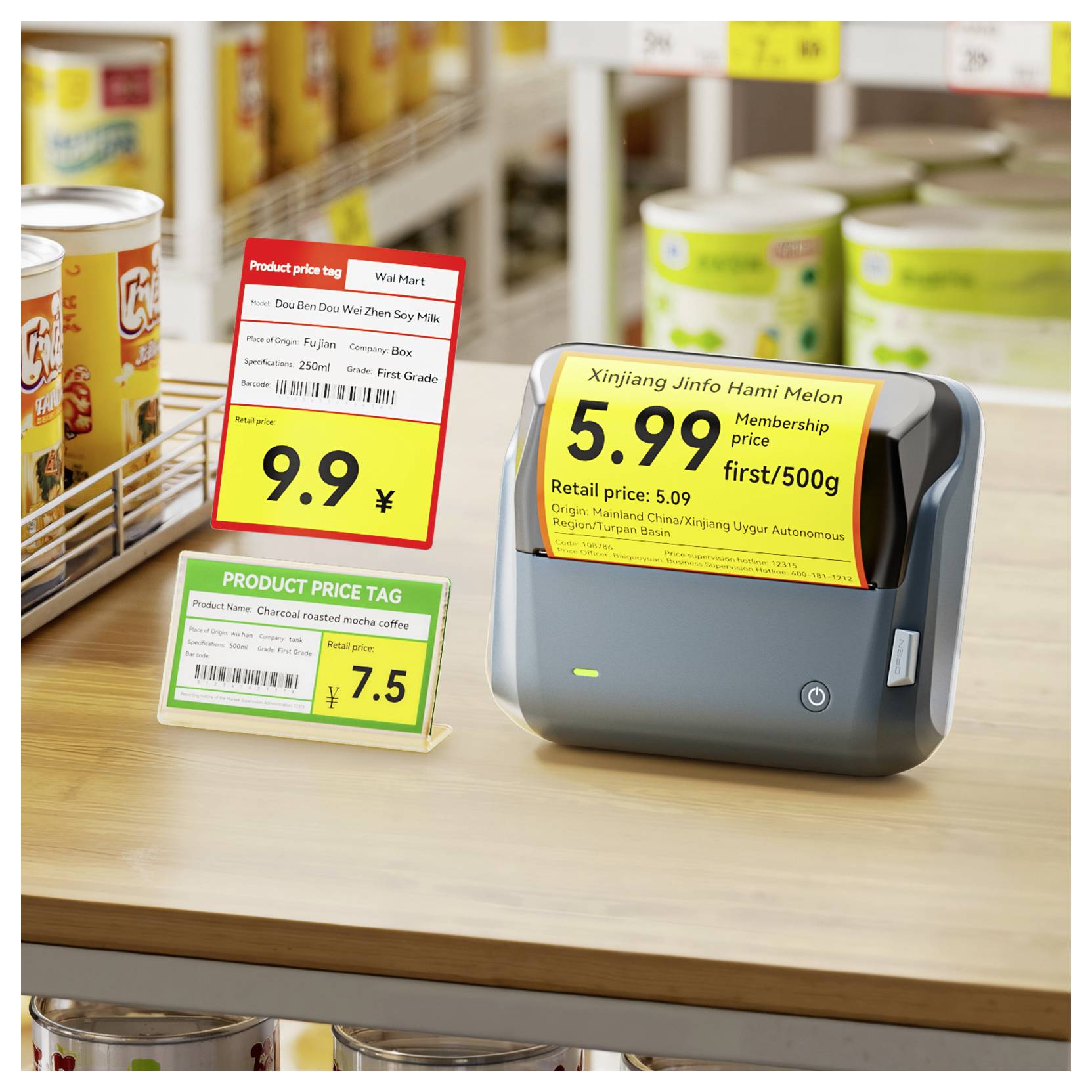Digitale Regalpreisschilder zeigen Produktpreise im Ladenregal an, einschließlich 9,9 Yuan, 7,5 Yuan und 5,99 Yuan für Xinjiang Jinfo Hami-Melone.