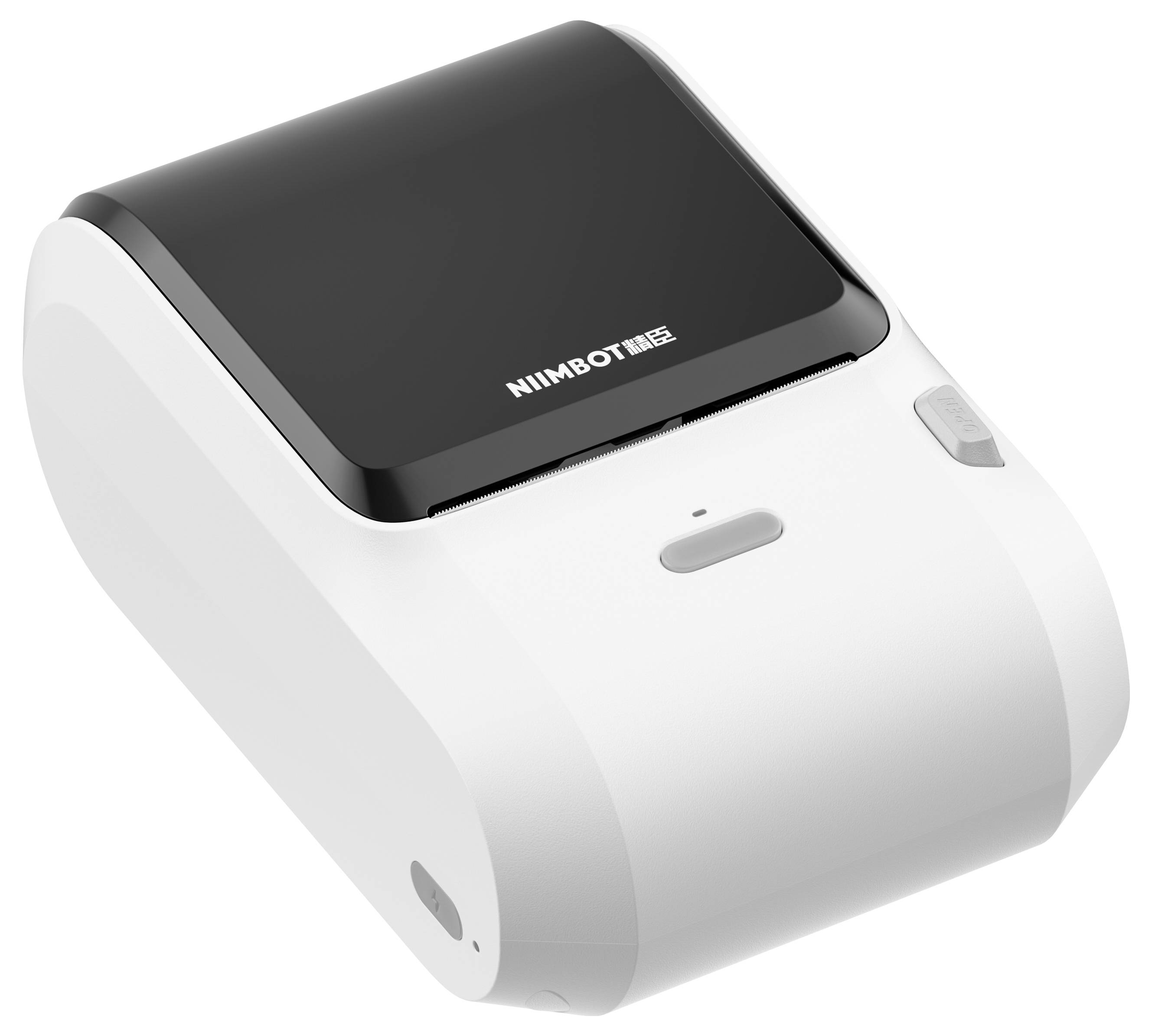 Kompakter White-Label-Drucker mit schwarzem Deckel und NIMBOT-Branding, dargestellt in Dreiviertelperspektive auf weißem Hintergrund.