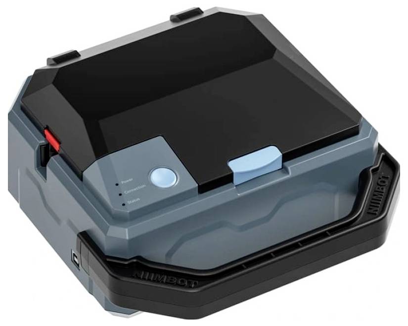 Tragbare blauschwarze Roboterstaubsauger-Ladestation mit Deckel oben, Steuertaste und Statusleuchten