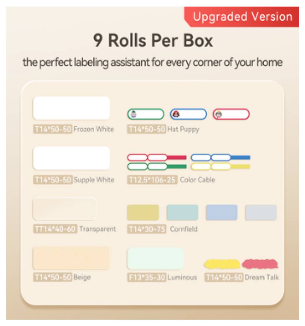 Werbekarte für ein verbessertes Etikettensortiment: '9 Rollen pro Box' mit Farbmustern und Produktoptionen einschließlich Frozen White, Hat Puppy, Supple White, Color Cable, Transparent, Cornfield, Beige, Luminous und Dream Talk.