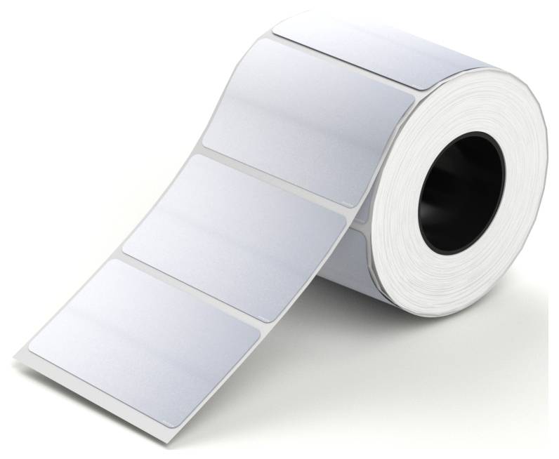 Rolle mit leeren Klebeetiketten, bei der ein Streifen abgezogen und nach vorne drapiert wurde, auf weißem Hintergrund.