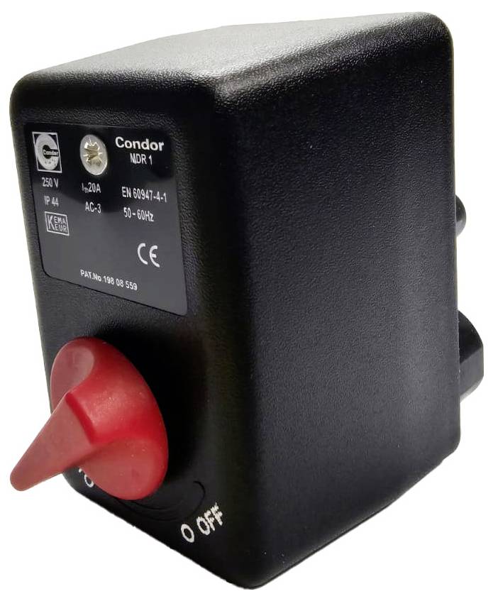 Schwarze elektrische Schalterdose mit rotem Drehknopf, beschriftet mit Condor NDR 1 und AUS.