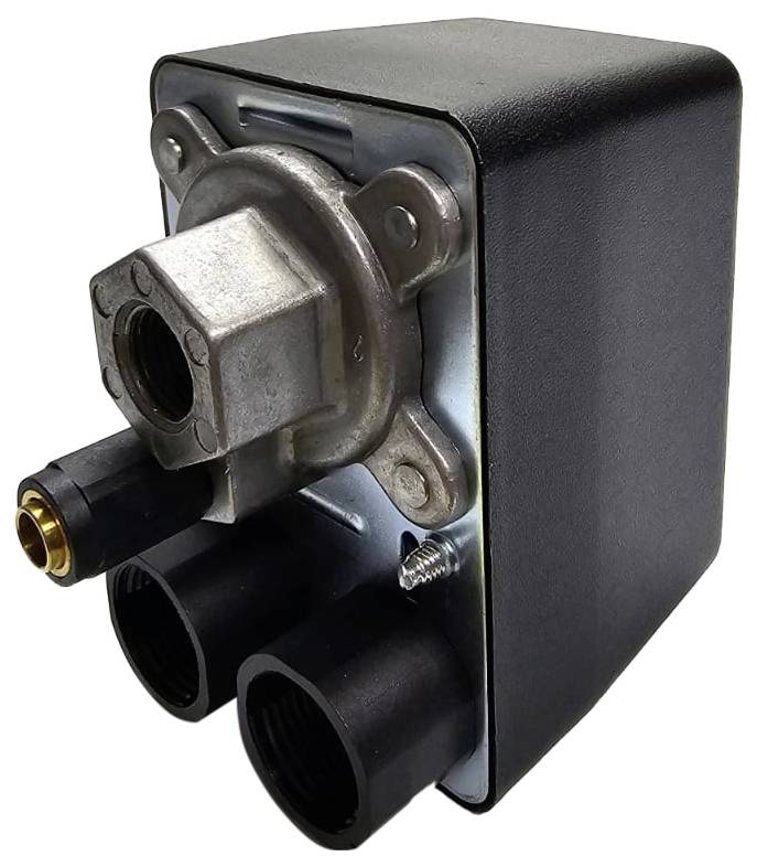 Nahaufnahme eines schwarzen elektrischen Steckers oder Sensorgehäuses mit drei kreisförmigen Anschlüssen und einer Metallmontageklammer.