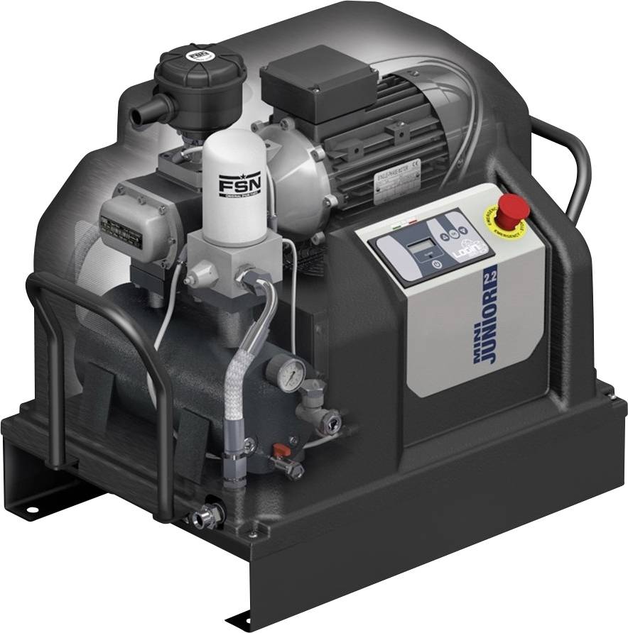 Industrielle Druckluftanlage mit Elektromotor, Bedienfeld, Druckmanometer und rotem Notausschalter auf schwarzer Basis.