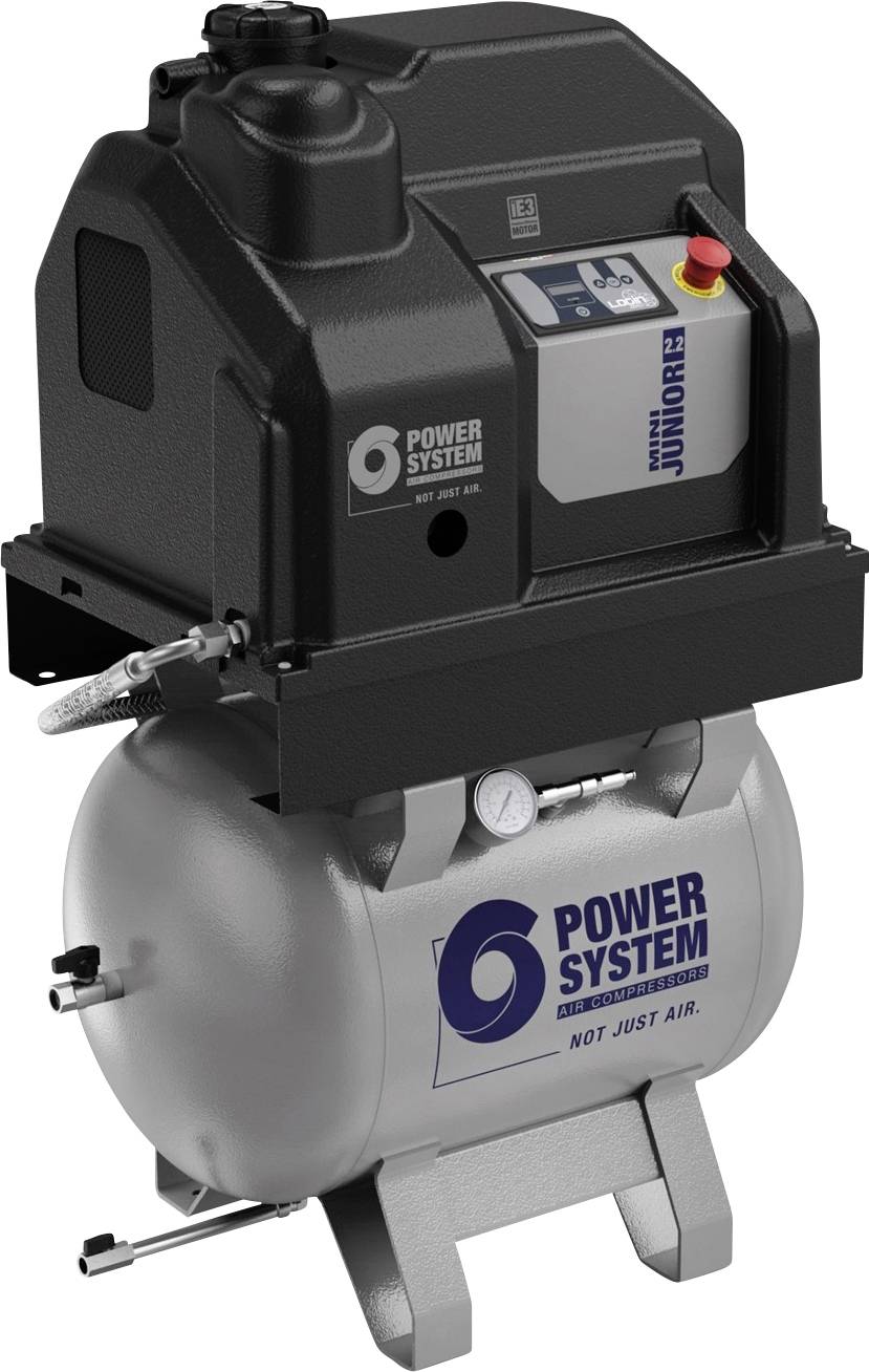 Tragbarer Luftkompressor mit schwarzer Pumpeneinheit auf einem silbernen Tank mit der Aufschrift „POWER SYSTEM