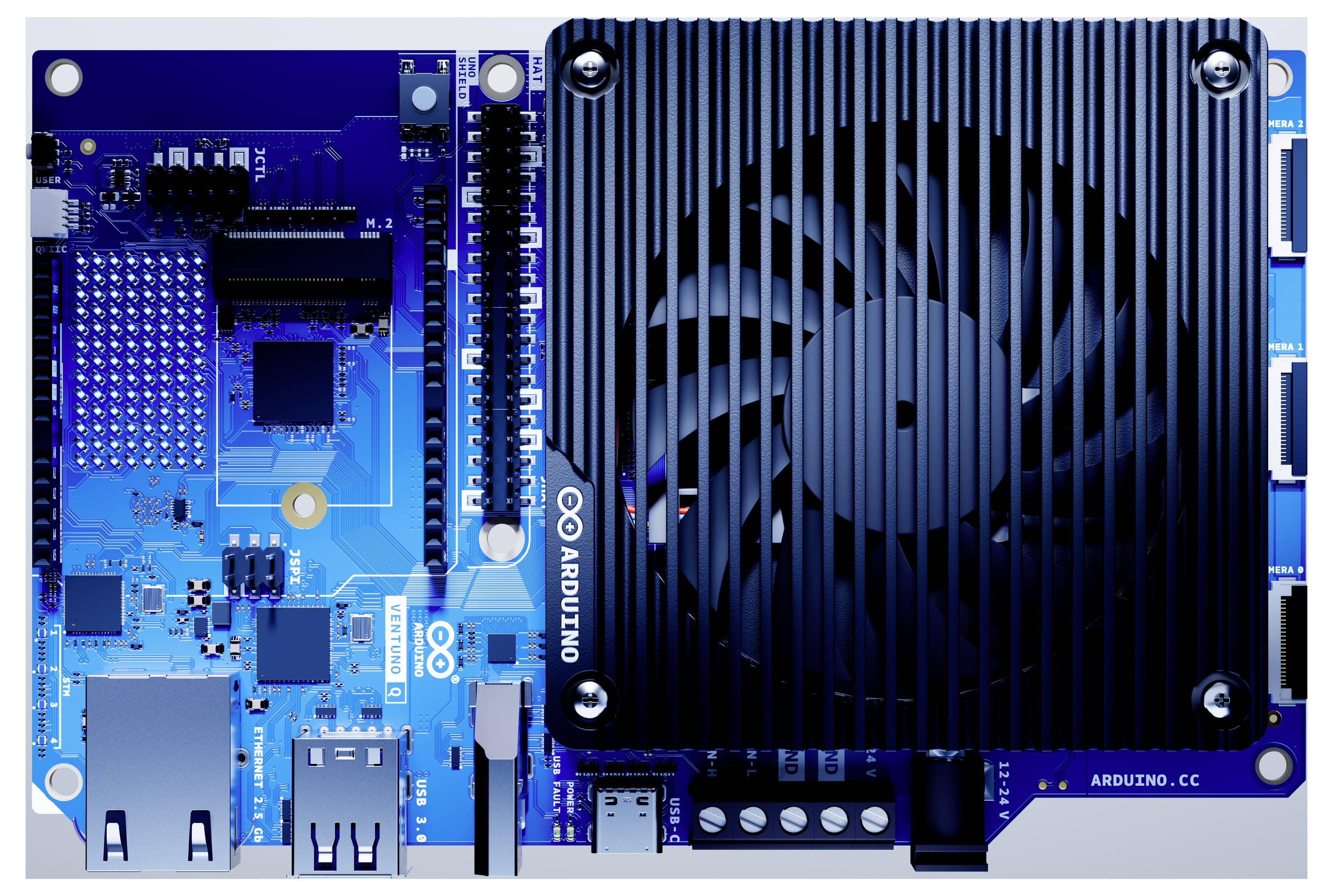 Arduino-Einplatinencomputer mit großem schwarzem Kühlkörper-/Lüftermodul auf der rechten Seite, zeigt Anschlüsse und Schaltungen auf der blauen Platine