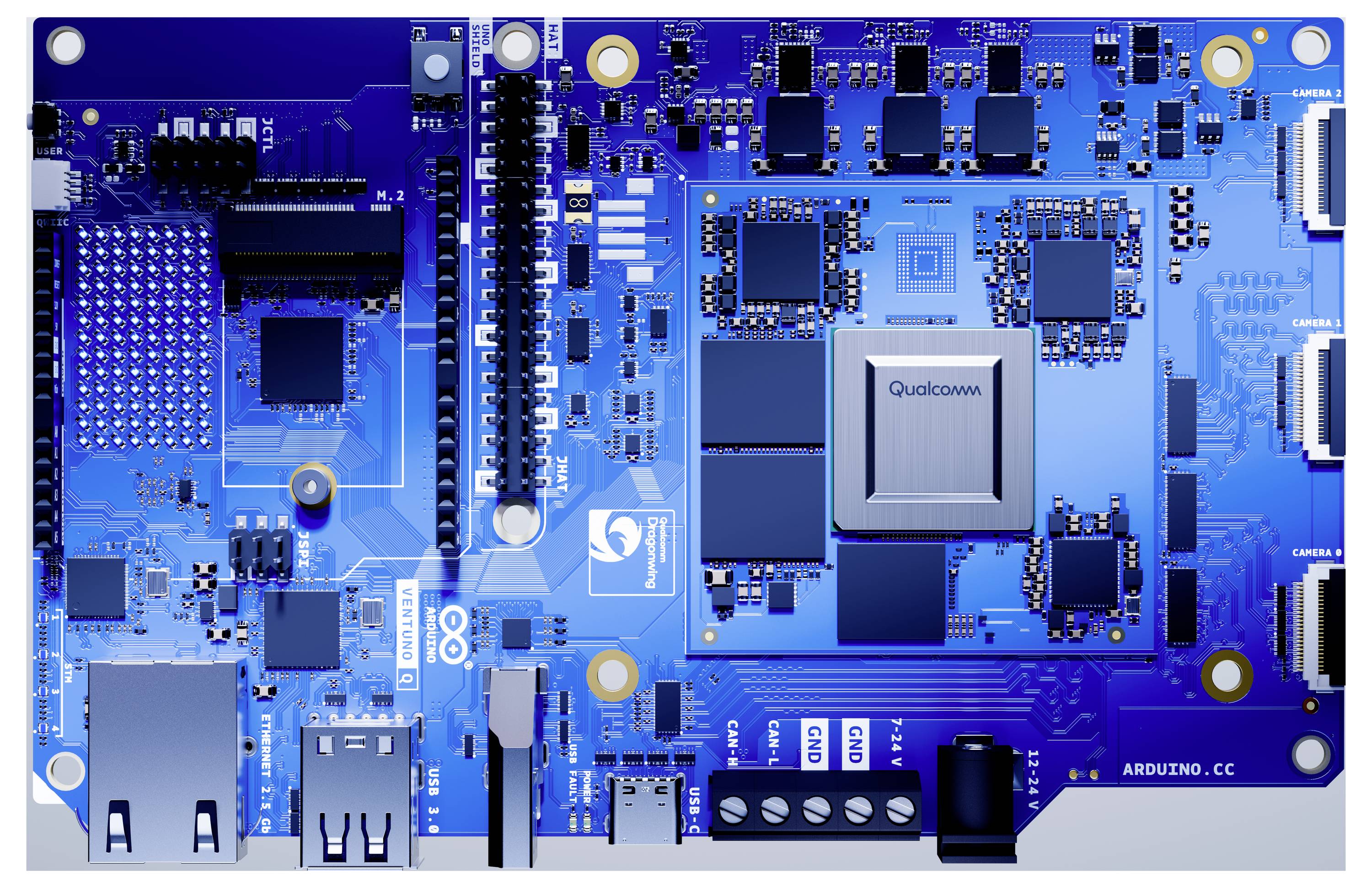 Blaue Arduino-kompatible Leiterplatte mit Anschlüssen, Chips und einem großen Qualcomm-Prozessormodul, das auf der rechten Seite montiert ist.
