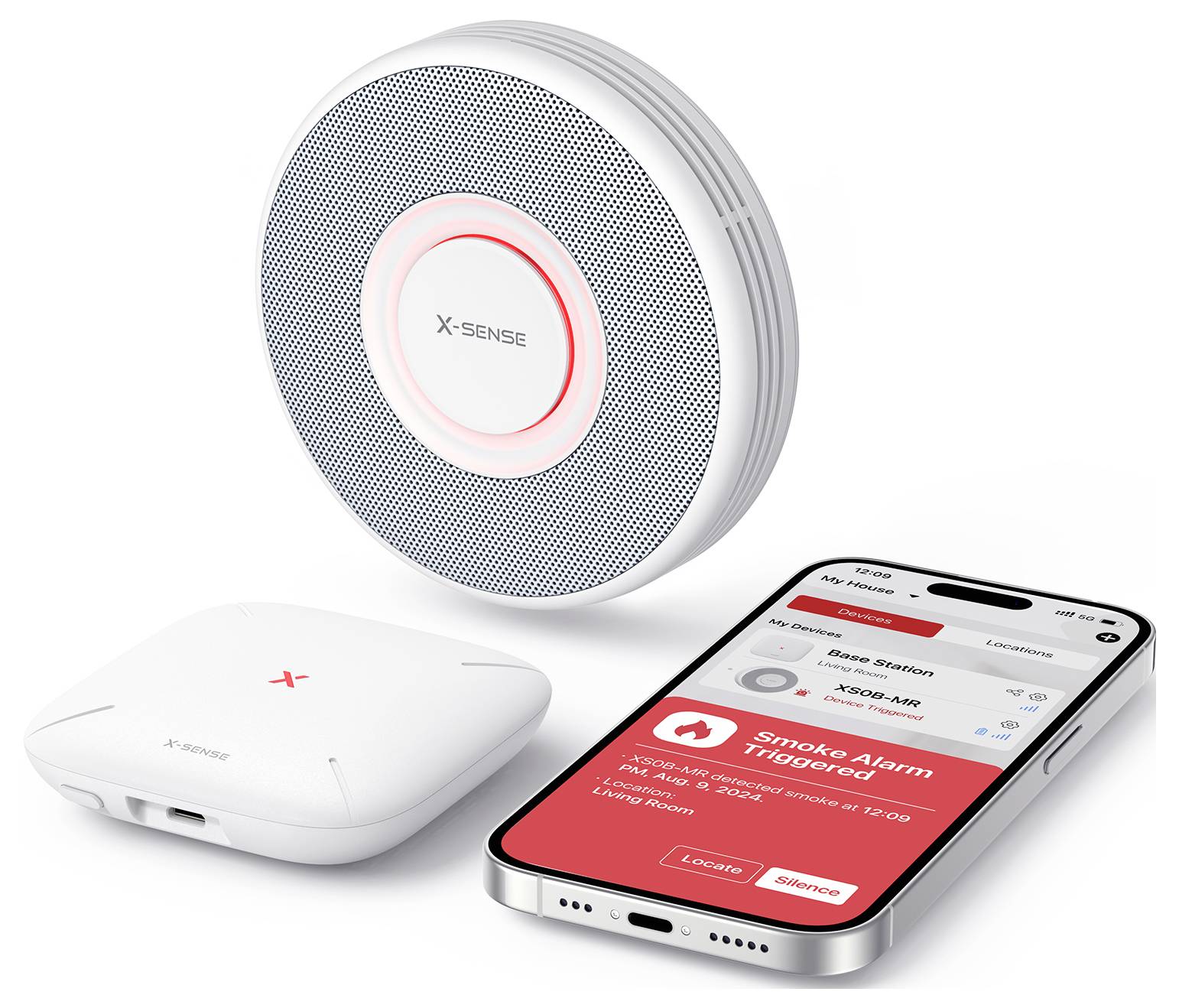 Rauchwarnmelder-System mit einem kreisförmigen Melder, einer quadratischen Basisstation und einem Smartphone-App-Bildschirm mit der Anzeige 