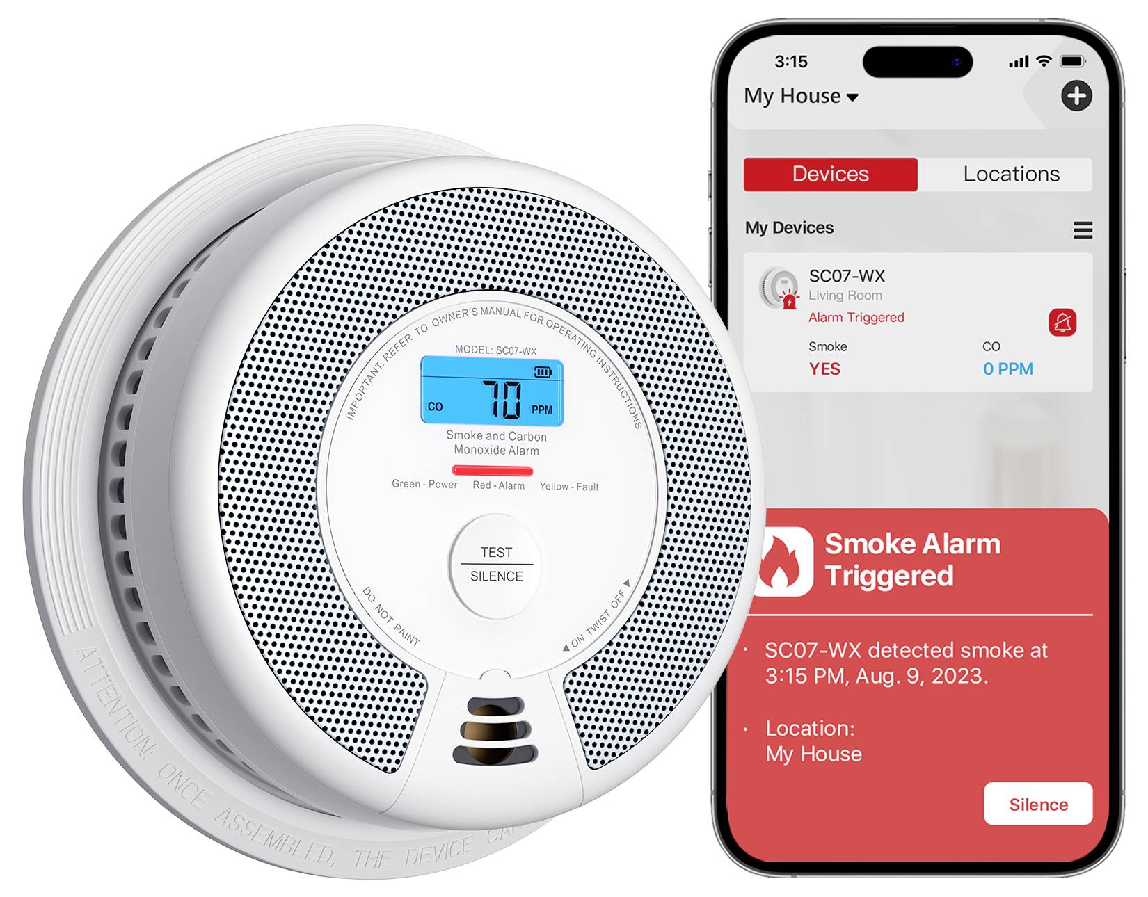 Ein Rauchmelder und eine Smartphone-App zeigen eine ausgelöste Rauchwarnung an. Der Text zeigt „Rauchmelder ausgelöst