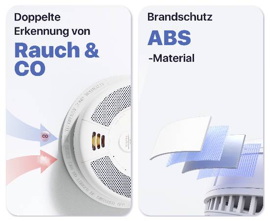 Ein Rauch- und Kohlenmonoxid-Detektor mit doppelter Erkennung. Rechts wird auf feuerfestes ABS-Material hingewiesen.