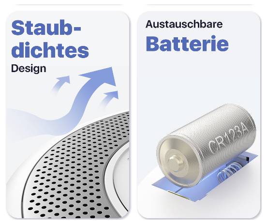 'Staubdichtes Design' links zeigt ein Gerät mit Lüftungsgitter; rechts 'Austauschbare Batterie' zeigt eine CR123A Batterie.