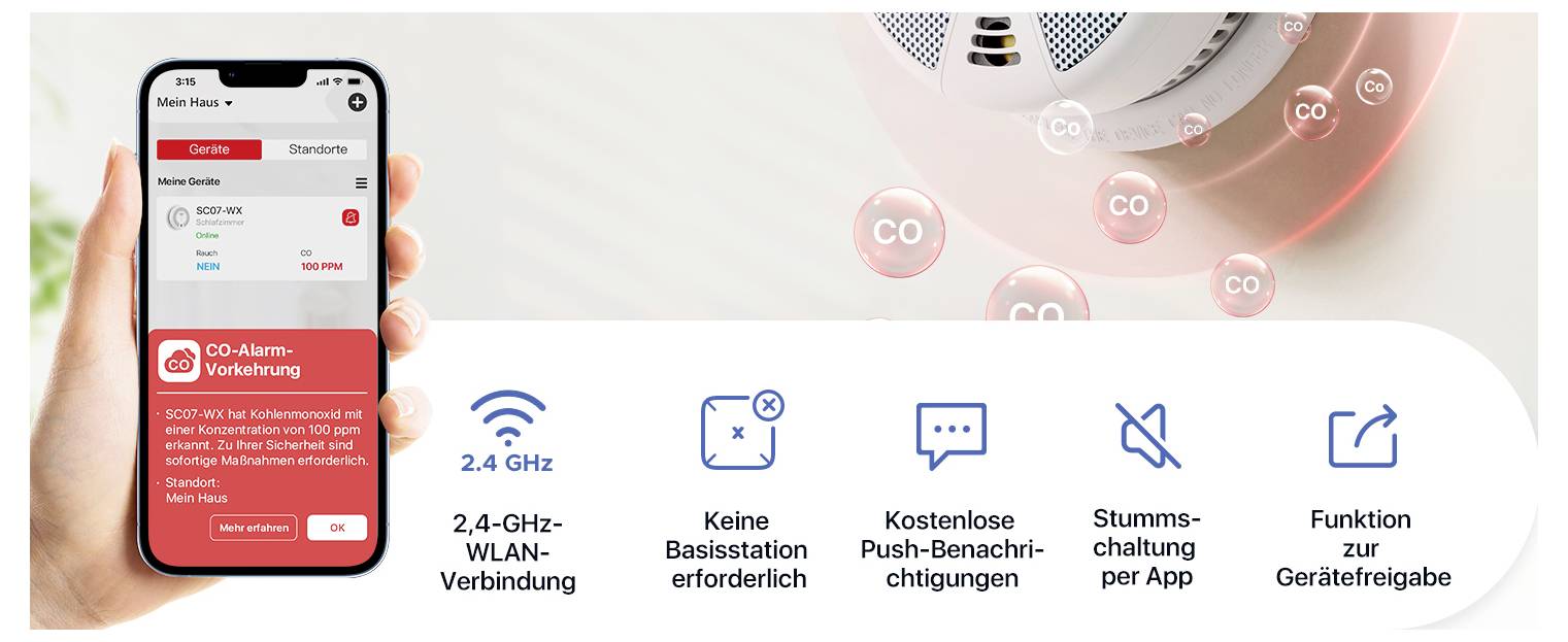 Smartphone zeigt CO-Alarm-App mit WLAN-Verbindung; keine Basisstation nötig, Push-Benachrichtigungen, Stummschaltung, Gerätefreigabe.
