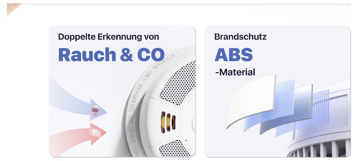 'Doppelte Erkennung von Rauch & CO' zeigt Rauchmelder. 'Brandschutz ABS-Material' zeigt ABS-Materialschichten im Zusammenhang mit Brandschutz.